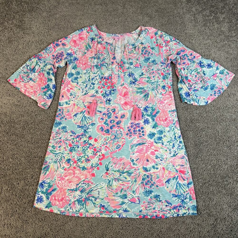 Lilly Pulitzer Dress Womens M Del Lago Tunic 3/4 Bell Sleeve V-Neck Blue Pink